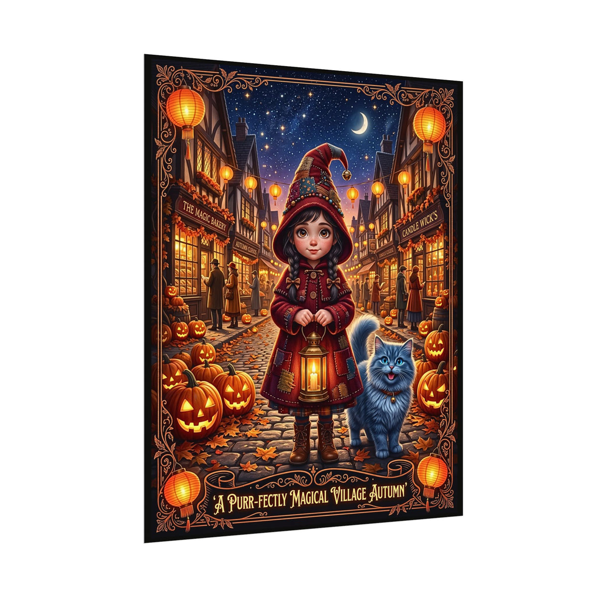 Whimsical Halloween Cute Girl and Blue Cat | Textured Watercolor Matte Poster | Purr-fectly Magical Autumn Village | Fall Jack-o'-Lanterns