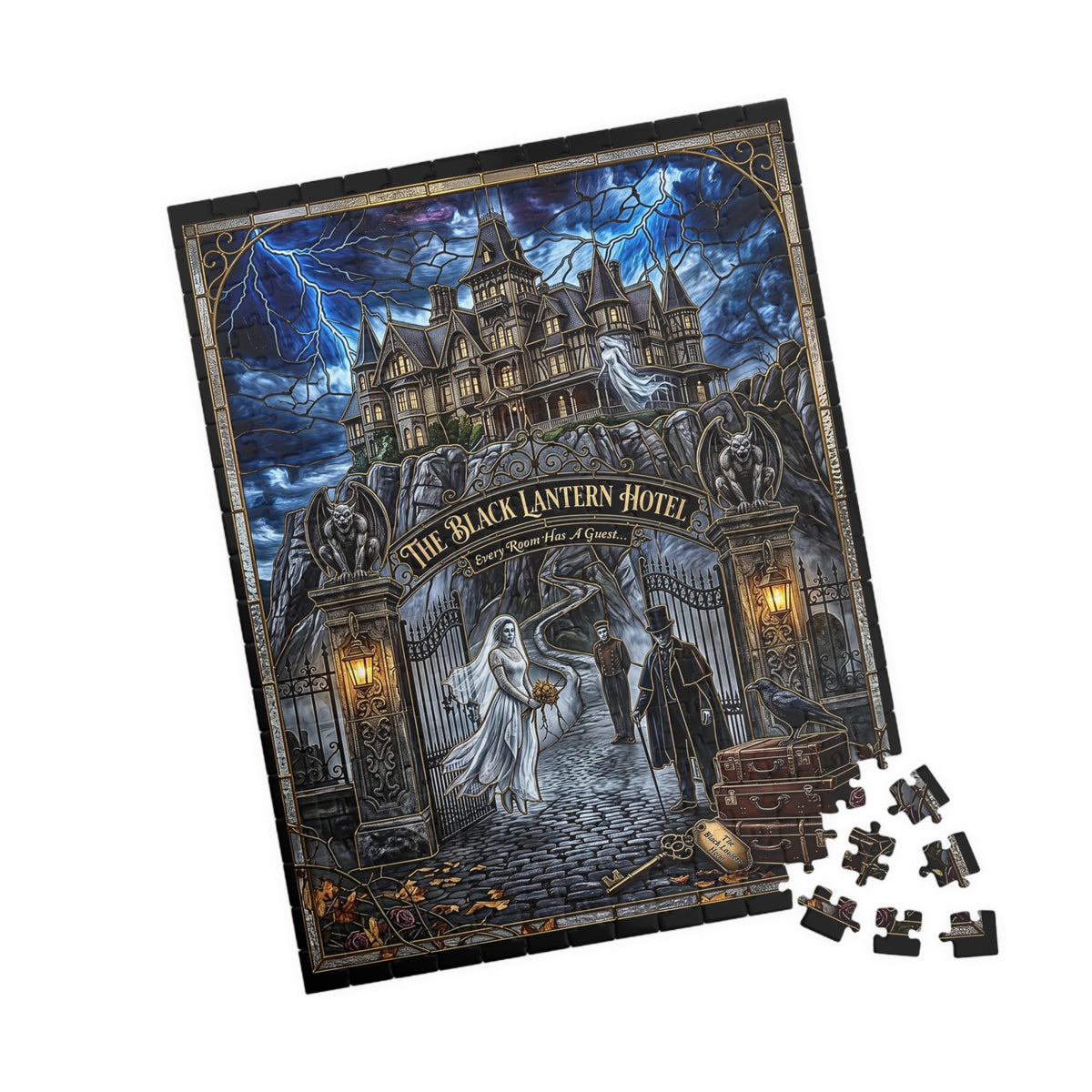 Halloween Haunted House | Faux Stained-Glass Jigsaw Puzzle | Haunted Hotel Gothic Mansion Art | Creepy Ghost Bride, Gargoyles and Crow