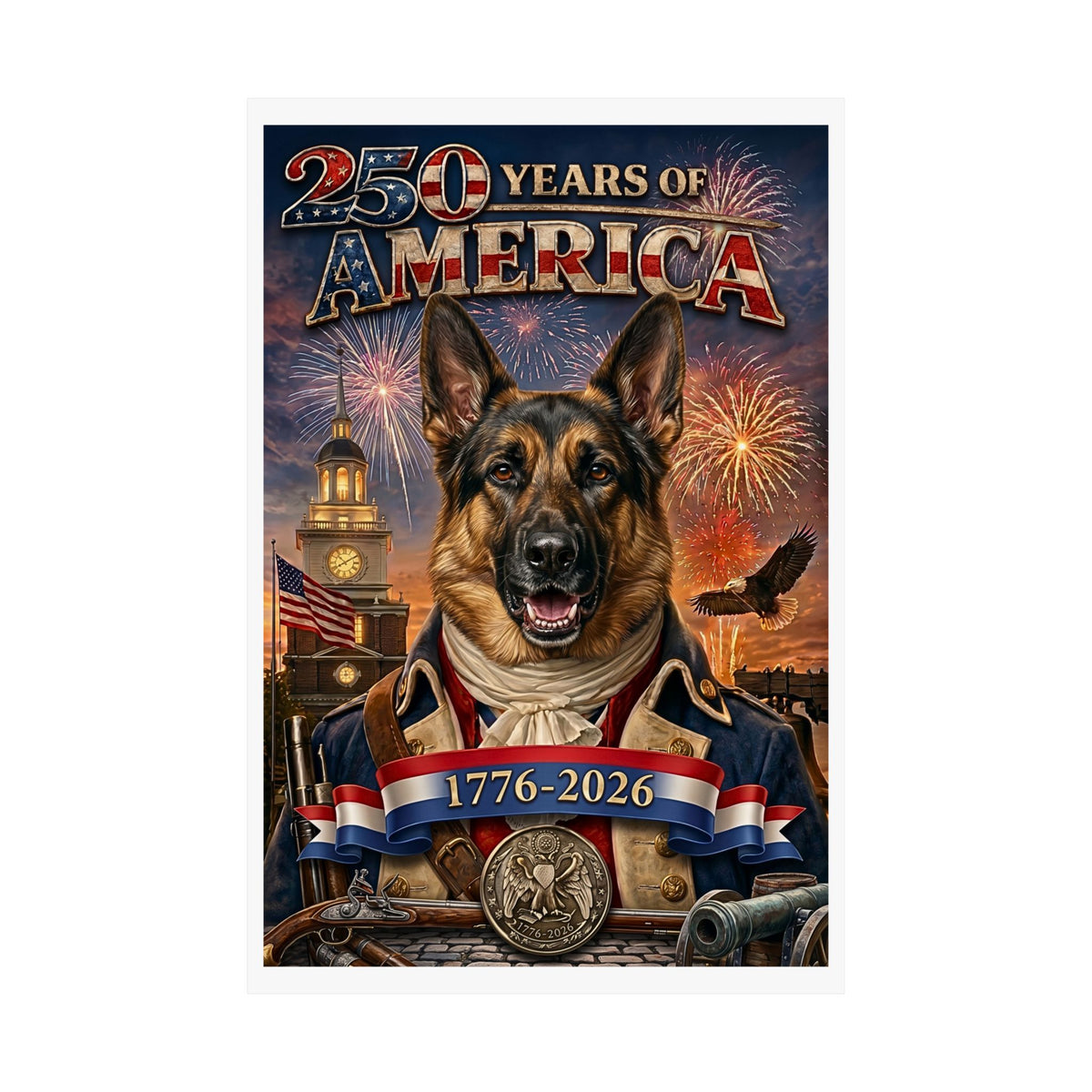 Patriotic GERMAN SHEPHERD Dog | Matte Finish Poster | 250 Years of America 1776-2026 | Independence Hall | Soaring Bald Eagle | 5 sizes
