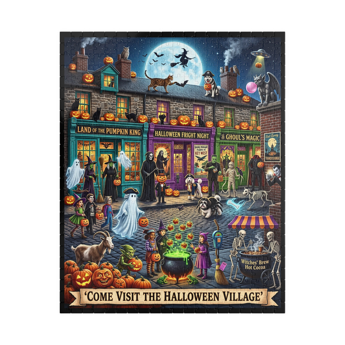 Whimsical Halloween Village | Jigsaw Puzzle | Spooky Town Night Scene | Classic Monsters, Costumed Trick-or-Treaters | Jack-o'-Lanterns