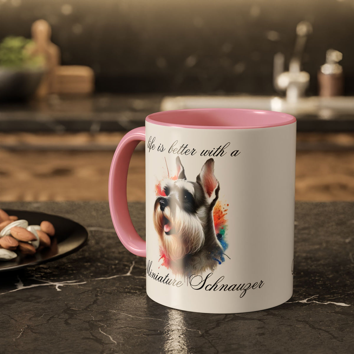 MINIATURE SCHNAUZER MUG "life is better with a Miniature Schnauzer" mug, Morning Coffee, Colorful Accent Coffee Mug, 12 Colors, 11 oz.