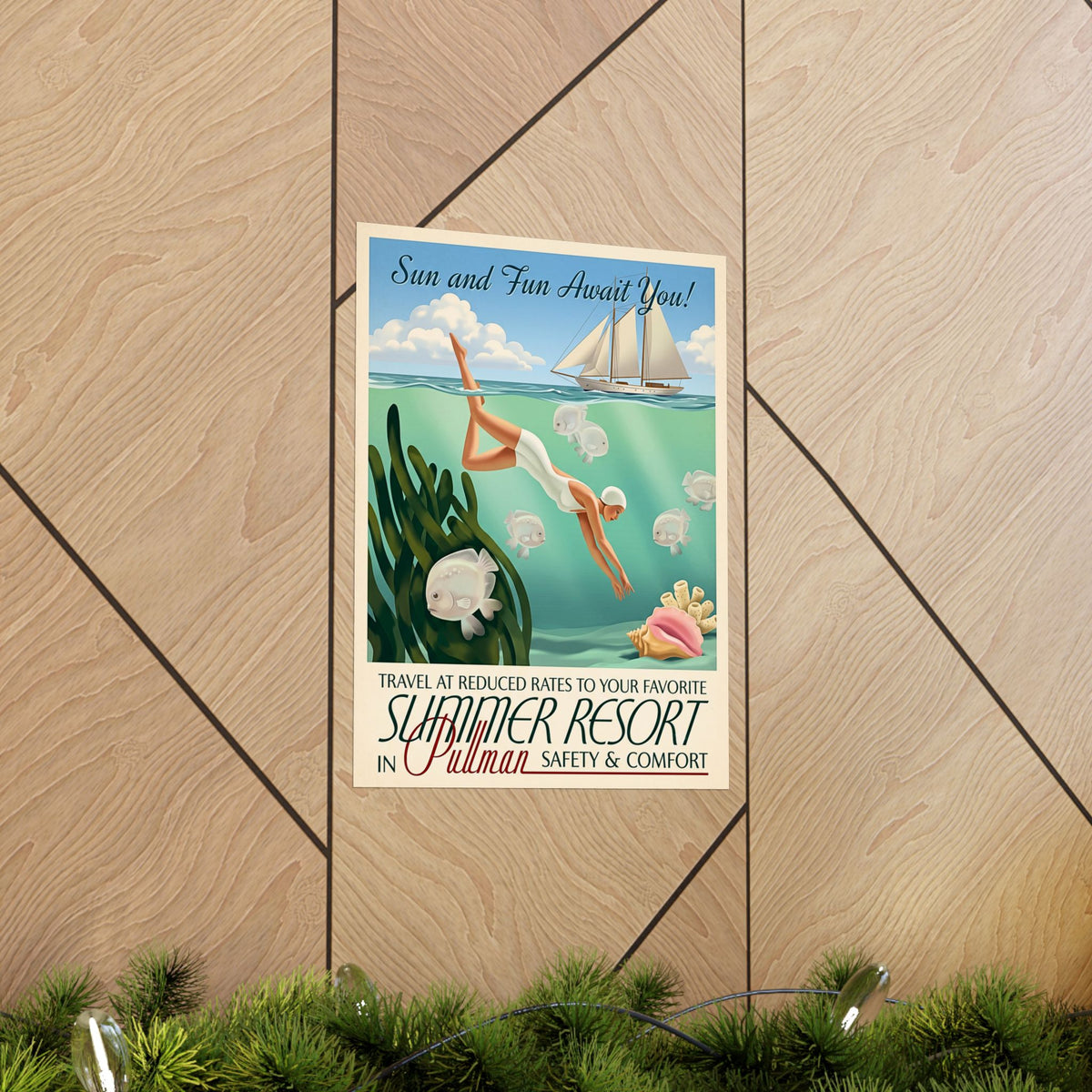 Vintage Travel Poster | Matte Vertical Poster | Retro Woman Diver & Sailboat | Pullman Summer Resort Beach Art | Mid-Century Nautical Decor