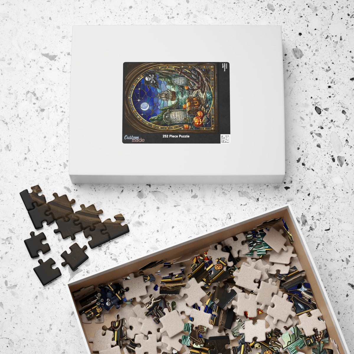 Haunted Pirate Graveyard | Stained-Glass Jigsaw Puzzle | Halloween Jolly Roger, Crescent Moon & Ghost Ship Art | Spooky Nautical Treasure