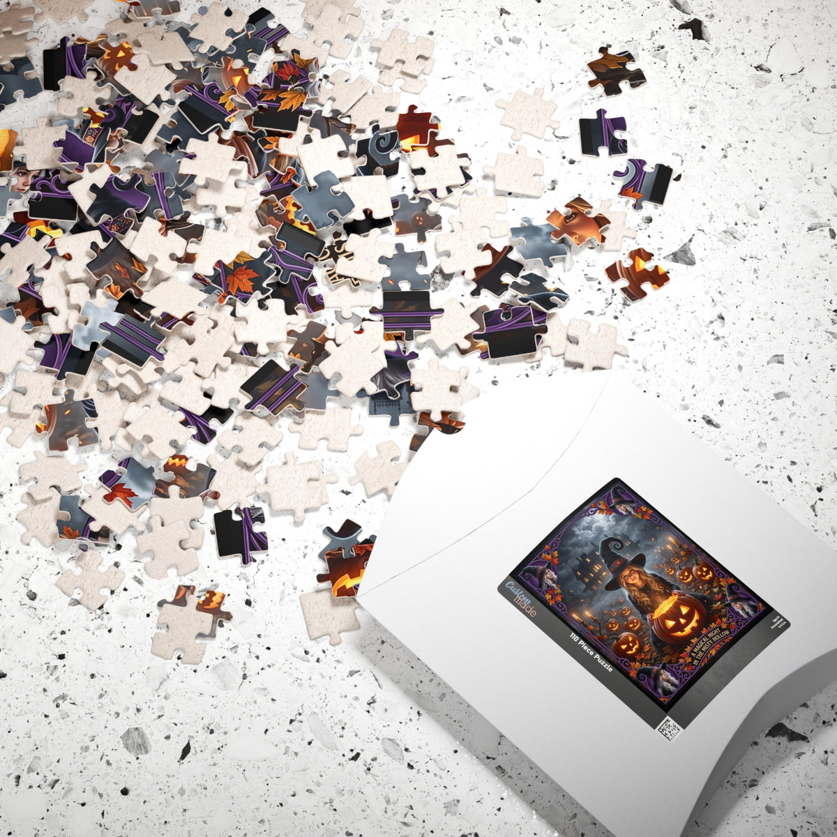 Halloween Art Jigsaw Puzzle | Cute Costumed Witch Girl | Glowing Jack-o'-Lanterns, Haunted Victorian Mansion | Fall Gift for Kids & Adults