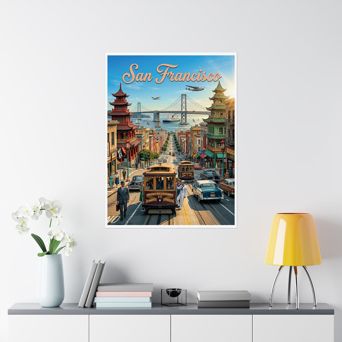 Vintage 1950's San Francisco Travel Art | Matte Vertical Poster | Mid-Century Modern Cable Car| Retro Bay Bridge & Chinatown Cityscape Print