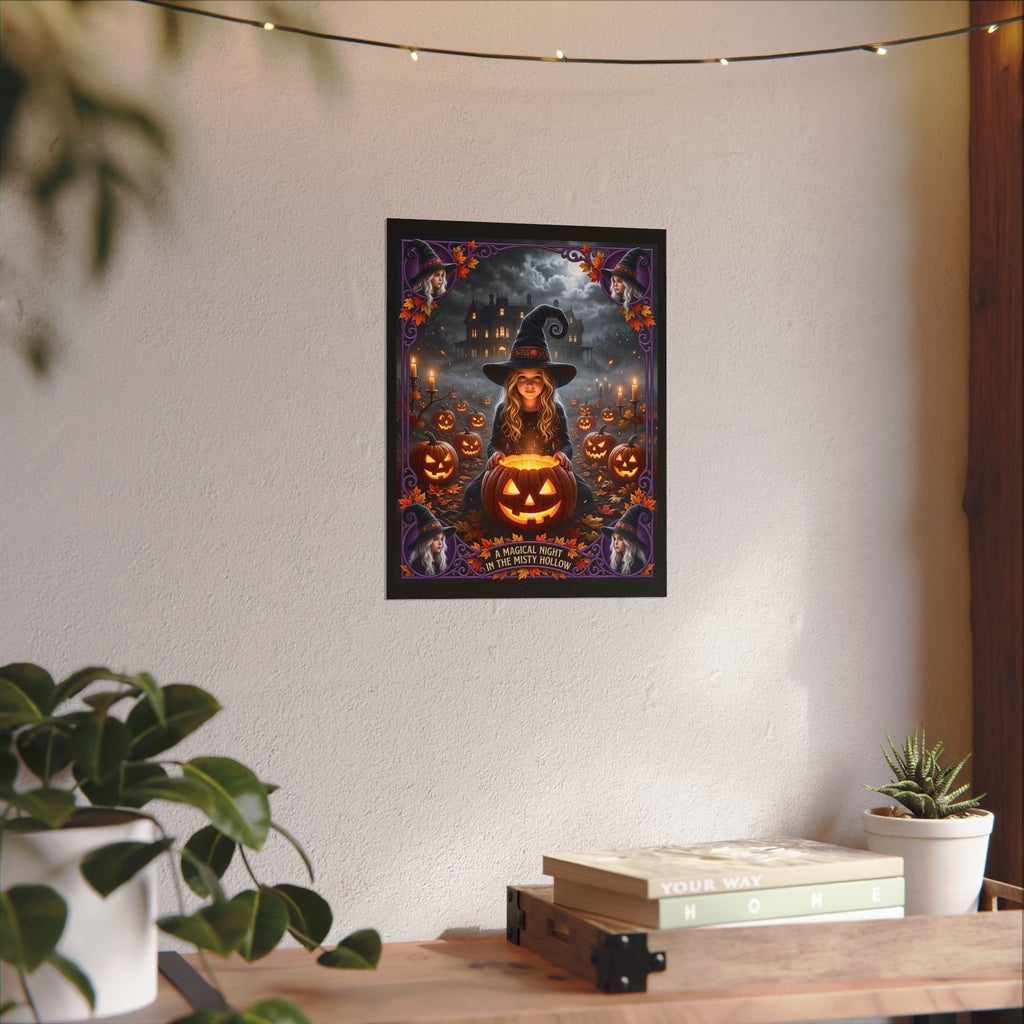 A Magical Night in the Misty Hollow| Textured Watercolor Matte Poster| Cute Halloween Witch, Glowing Jack-o'-Lanterns| Gift for Kids, Adults