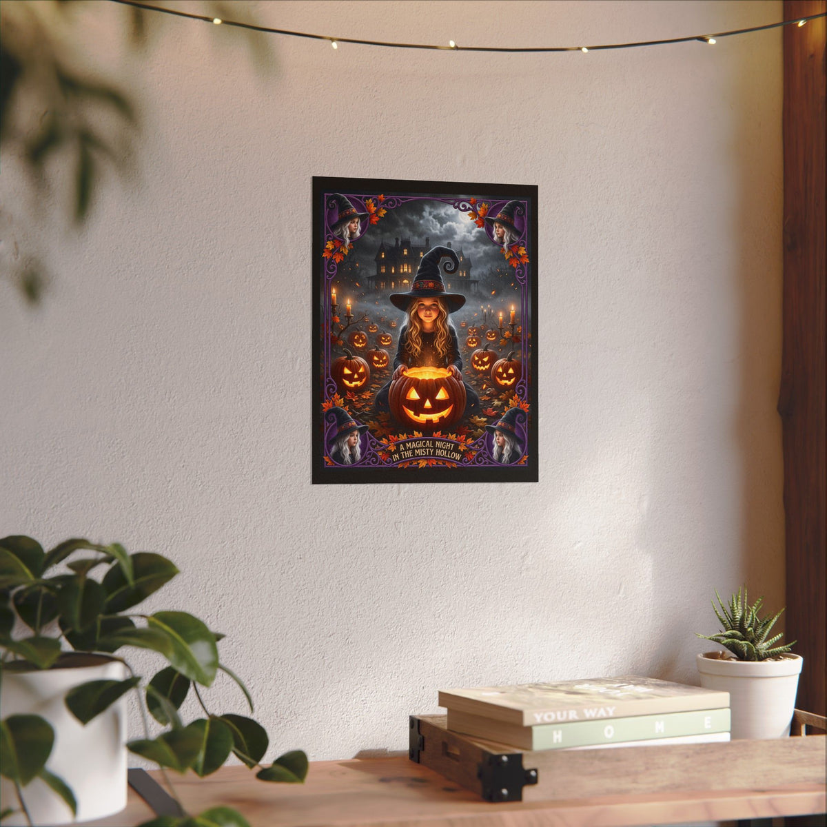 A Magical Night in the Misty Hollow| Textured Watercolor Matte Poster| Cute Halloween Witch, Glowing Jack-o'-Lanterns| Gift for Kids, Adults