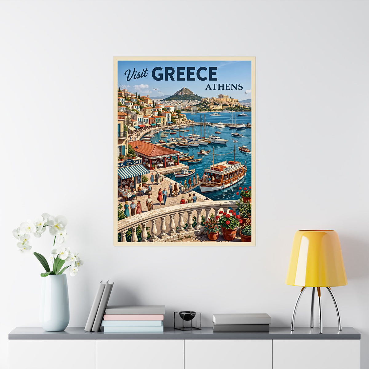 Vintage Athens Greece Classic Travel Print | Matte Vertical Poster | Mid-Century Mediterranean Harbor Wall Art | Retro Acropolis