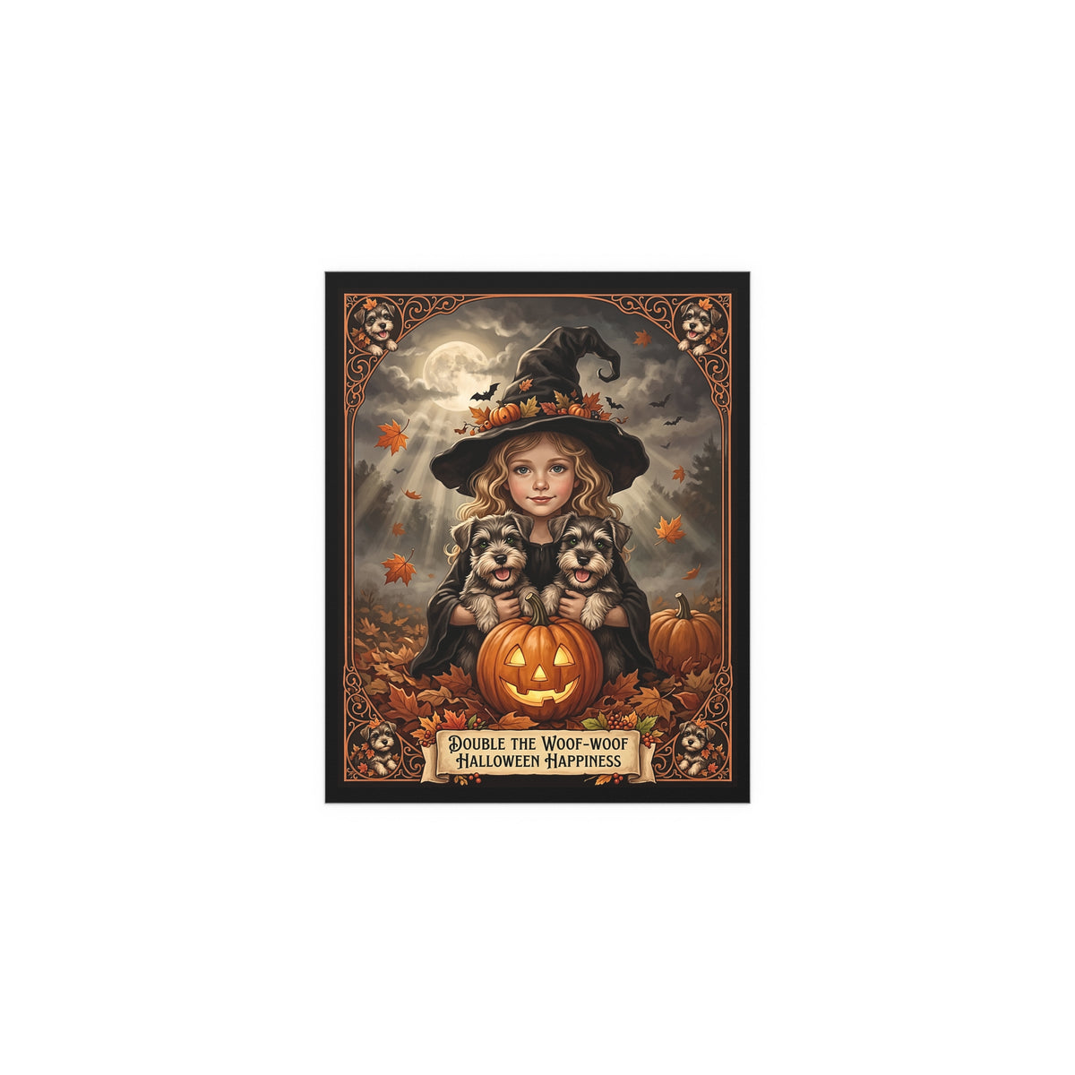 Woof-Woof Halloween Happiness | Witch Girl with Miniature Schnauzer Puppies | Silk Finish Poster | One Size 8" x 10"