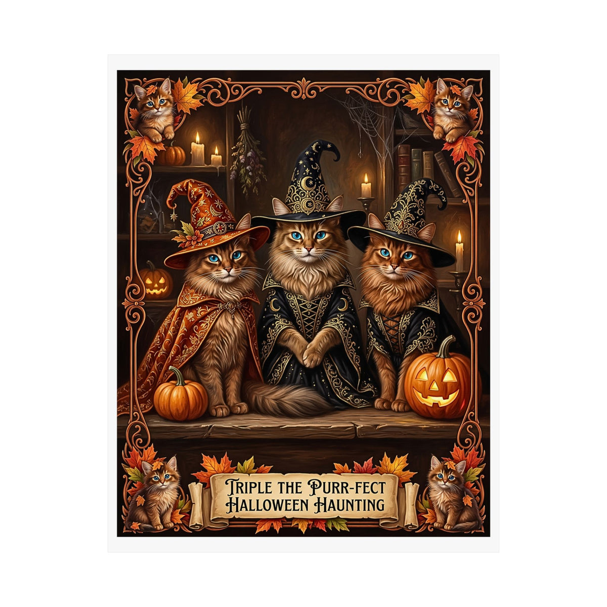 Witch Hat Somali Kittens Halloween Poster | Triple The Purr-fect Haunting | Whimsical Dark Fantasy Wall Art