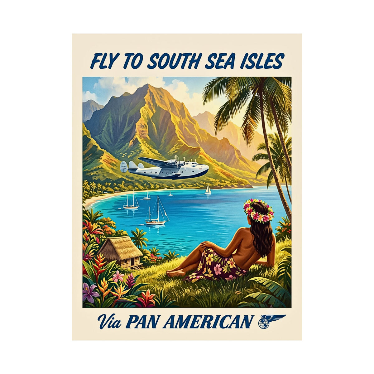 Fly to South Sea Isles | Vintage Travel Matte Poster| Retro Pan Am Clipper Seaplane Art| Tropical Island Decor | Midcentury Polynesian Print