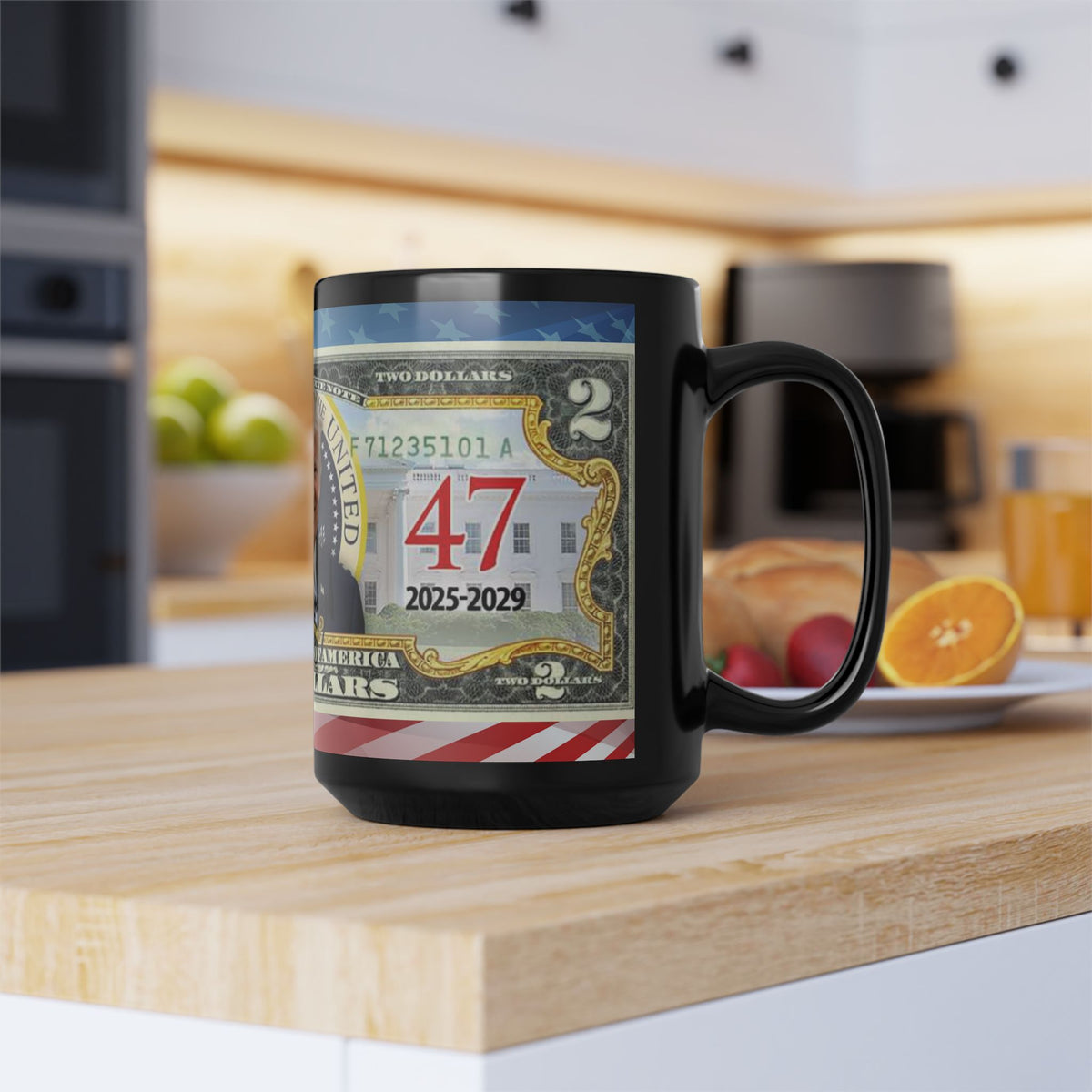 DONALD TRUMP Two Dollar Bill  | All Black Ceramic Coffee Mug | Gift For Trump Lovers | Coffee Lovers, 11 oz &15 oz