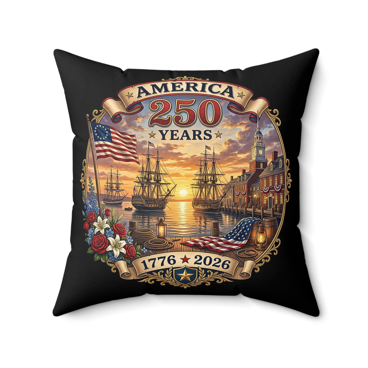 Vintage America 250 Years 1776-2026 Commemorative Emblem| Square Polyester Throw Pillow| Historic Sailing Ships, Flag | Patriotic USA Design