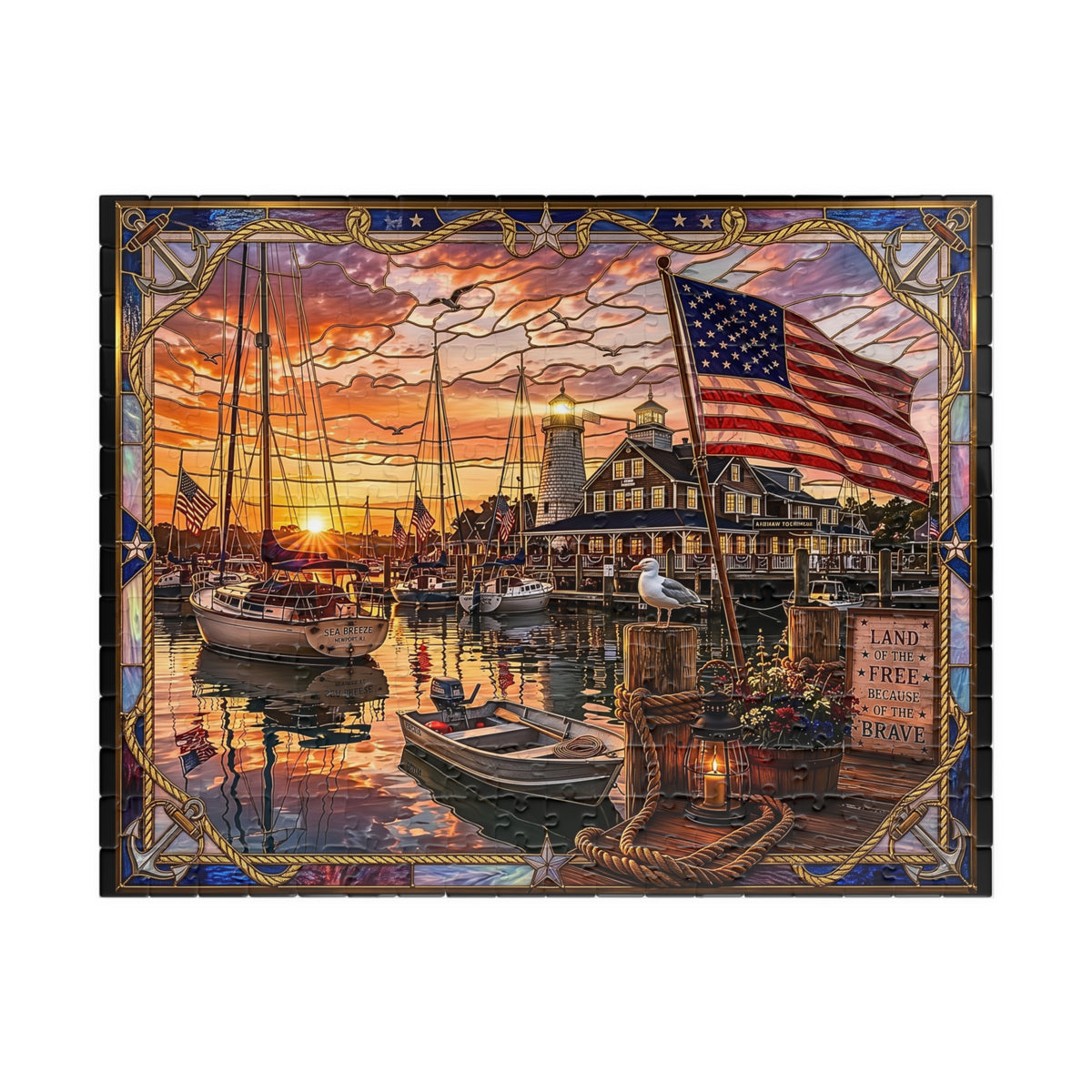 Patriotic Harbor Sunset Stained-Glass Jigsaw Puzzle | Land of the Free Because of the Brave | Nautical Lighthouse, American Flag Coastal Art