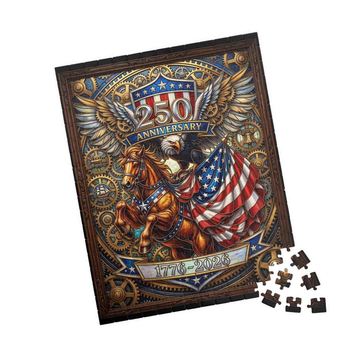 Vintage Steampunk US Semiquincentennial Anniversary 1776 - 2026  | Faux Stained-Glass Jigsaw Puzzle | Clockwork Eagle and Rearing Horse Emblem