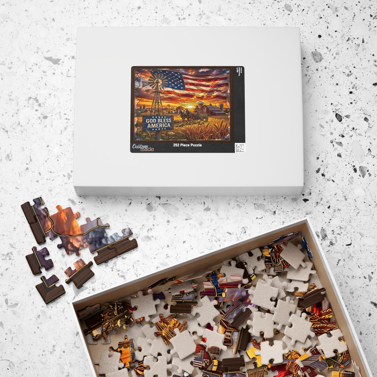 God Bless America Stained-Glass Jigsaw Puzzle | Rustic Country Farm | Sunset with Farmer, Windmill, Horses | Vintage Americana American Flag Gift