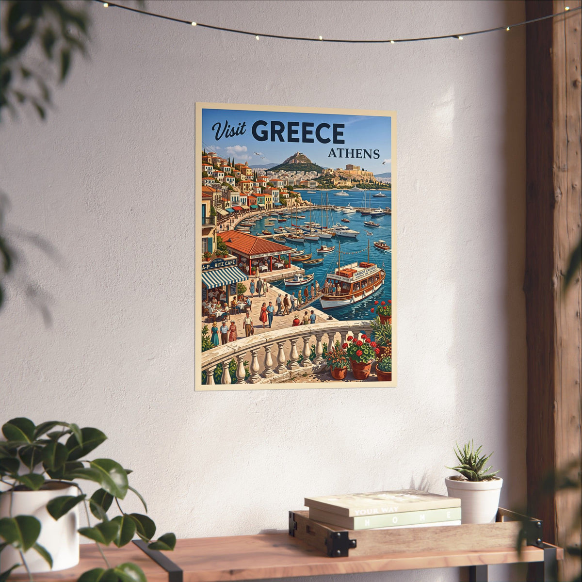 Vintage Athens Greece Classic Travel Print | Matte Vertical Poster | Mid-Century Mediterranean Harbor Wall Art | Retro Acropolis