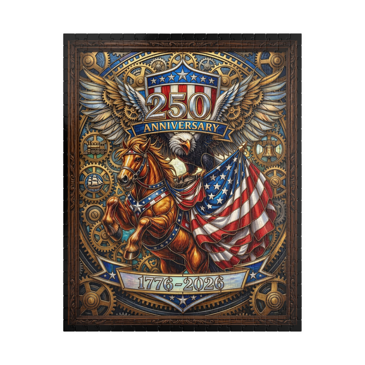 Vintage Steampunk US Semiquincentennial Anniversary 1776 - 2026  | Faux Stained-Glass Jigsaw Puzzle | Clockwork Eagle and Rearing Horse Emblem