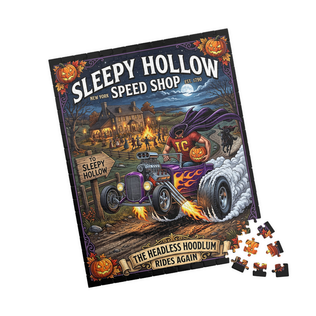 Sleepy Hollow Speed Shop Jigsaw Puzzle | Headless Horseman Vintage Hot Rod Art | Spooky Halloween Harvest Decor | Classic Car Halloween Gift