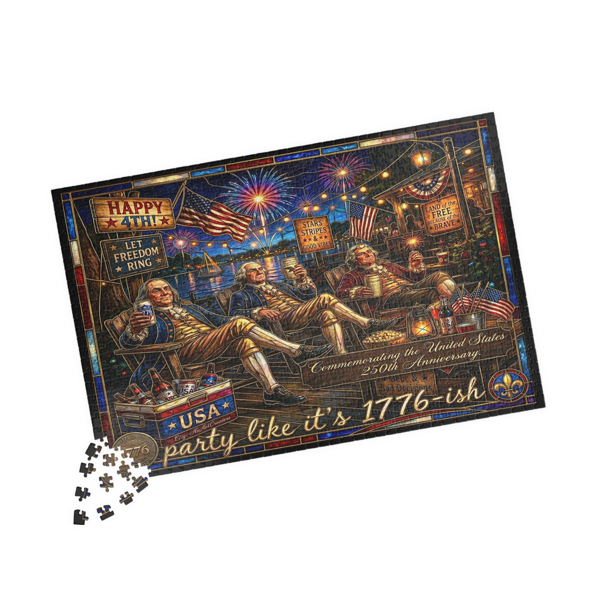 USA Anniversary America's Founding Fathers |250 Years 1776-2026 | Mind-bending, 1014 Piece Faux Stained-Glass Jigsaw Puzzle | Party Like It's 1776-ish