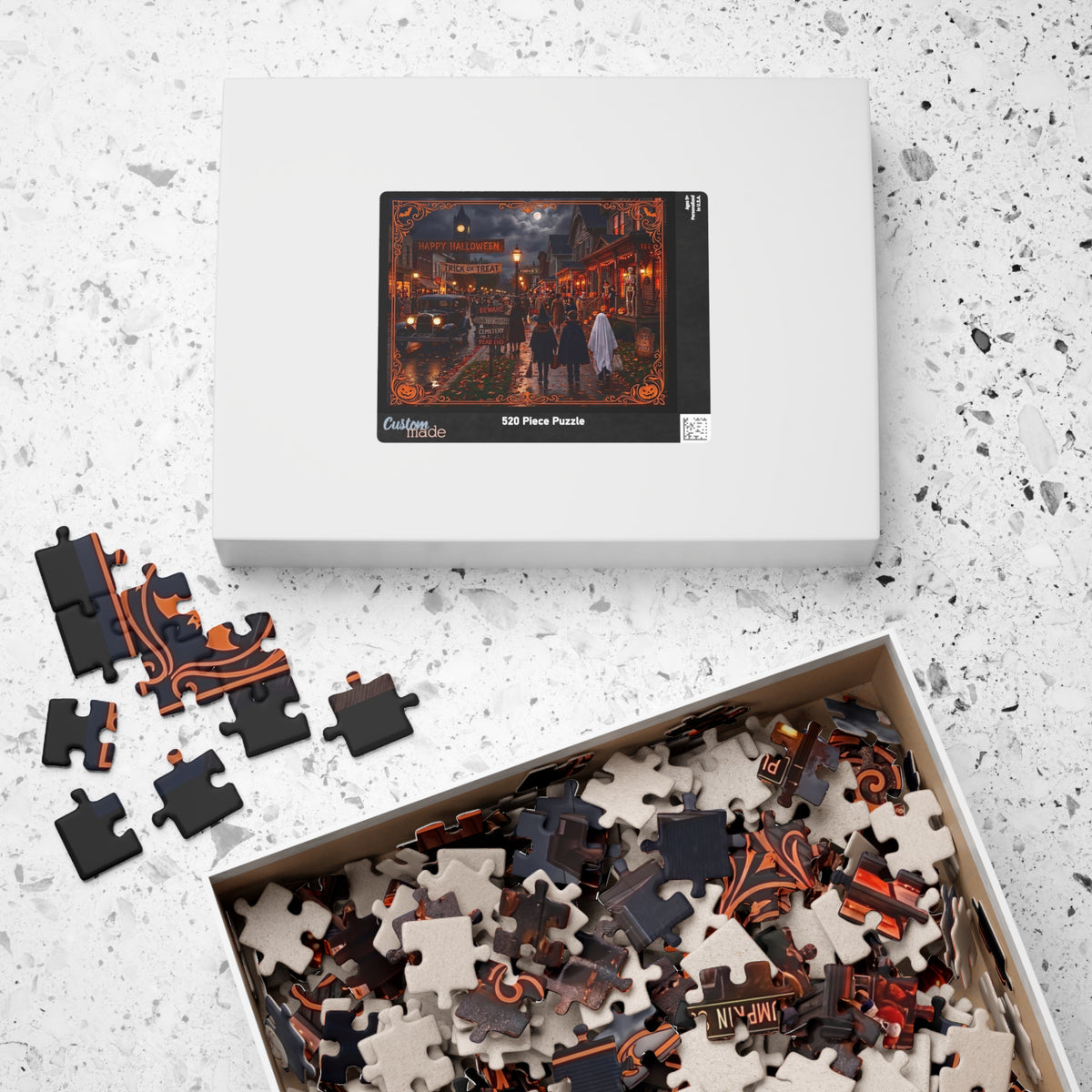 Vintage Halloween Night Town Scene | Jigsaw Puzzle -3 sizes | Nostalgic "Trick or Treat" Village | Classic Halloween Art