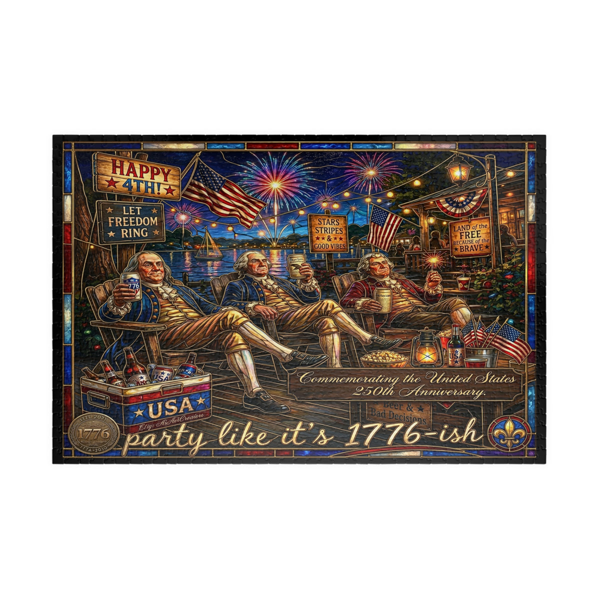 USA Anniversary America's Founding Fathers |250 Years 1776-2026 | Mind-bending, 1014 Piece Faux Stained-Glass Jigsaw Puzzle | Party Like It's 1776-ish