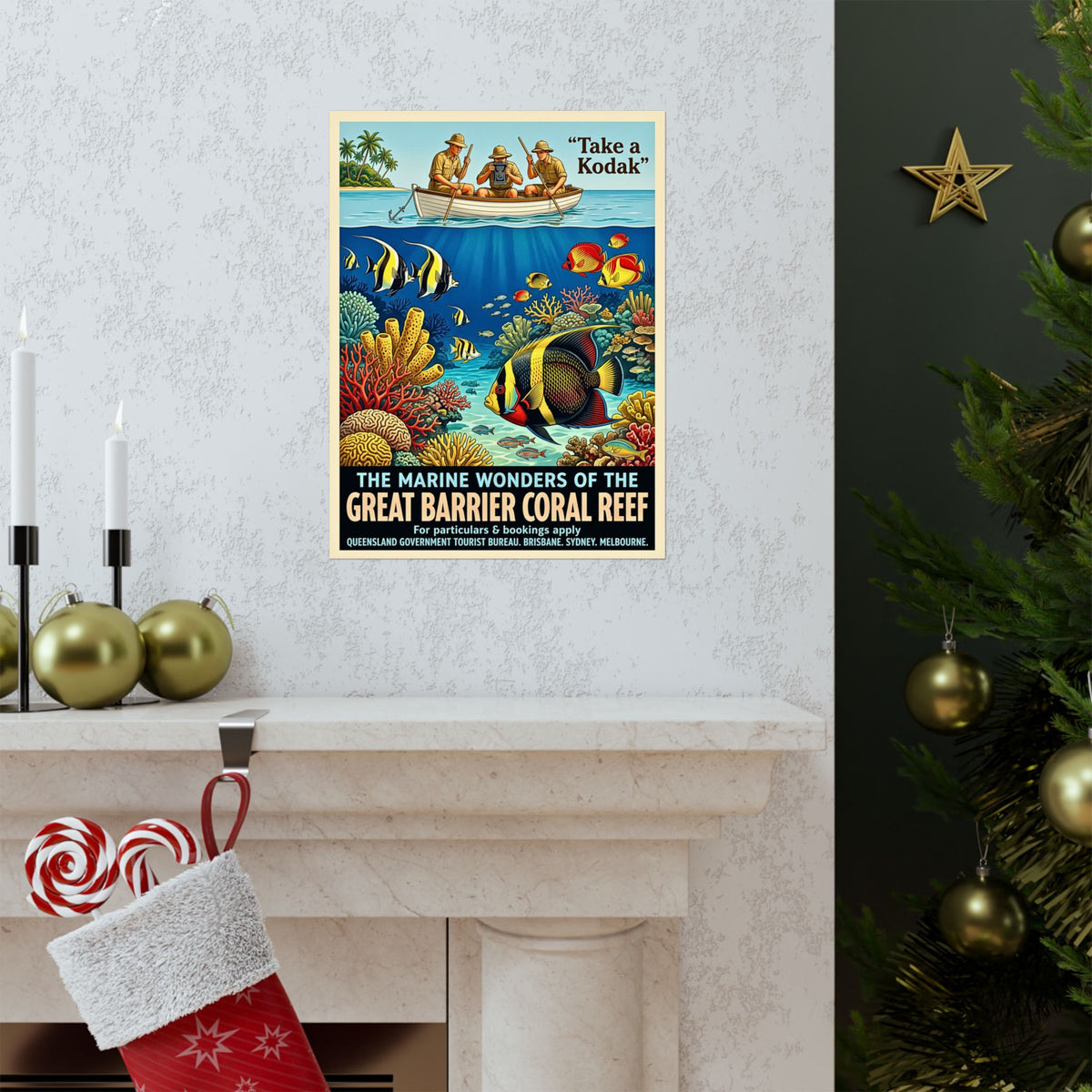 Vintage Australian Great Barrier Reef Travel Poster | Vertical Matte Print | 1930s Retro Ocean Coral Art | Mid-Century Marine Illustration