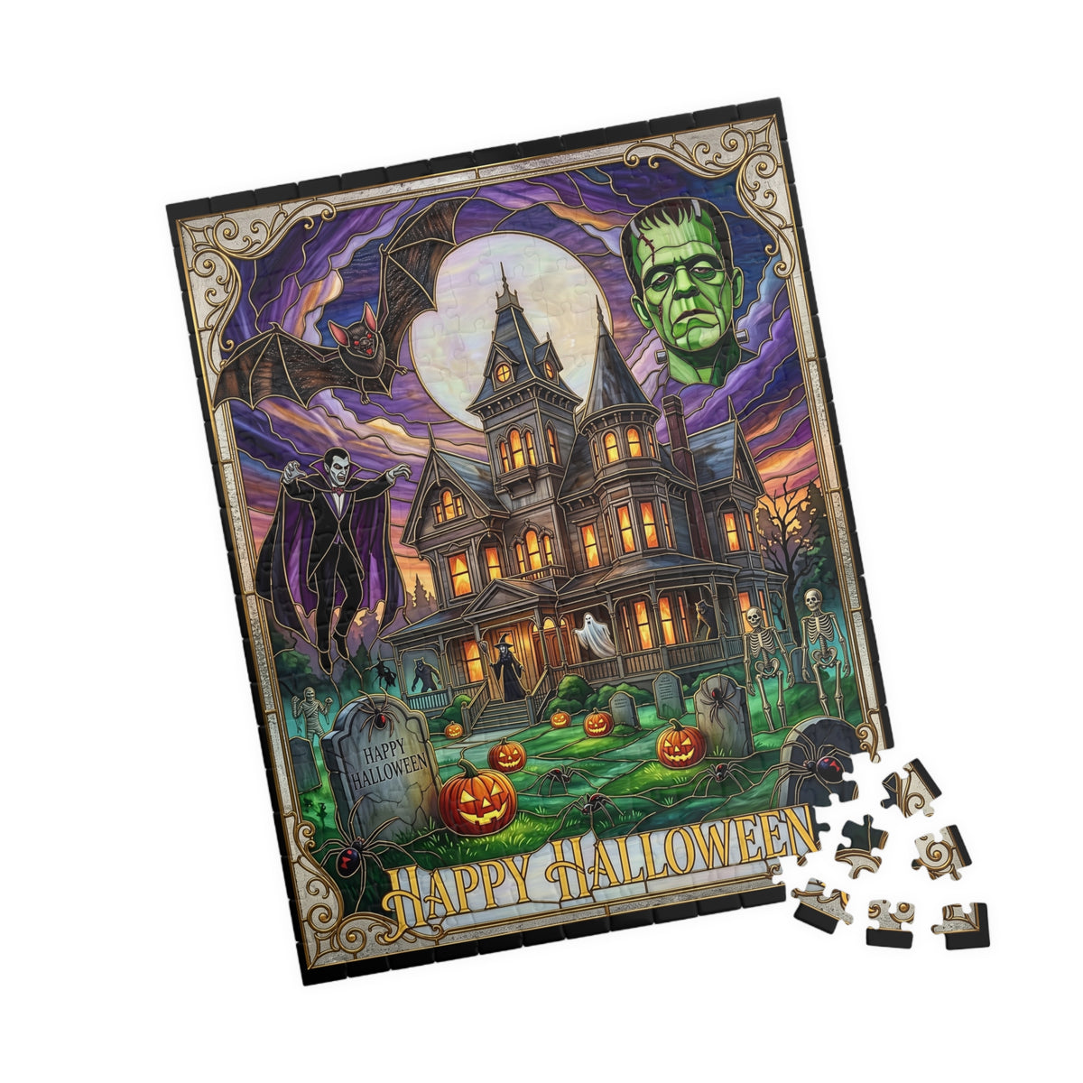 Vintage "Happy Halloween" Stained-Glass Jigsaw Puzzle | Classic Frankenstein & Vampire Monsters | Haunted Victorian Mansion