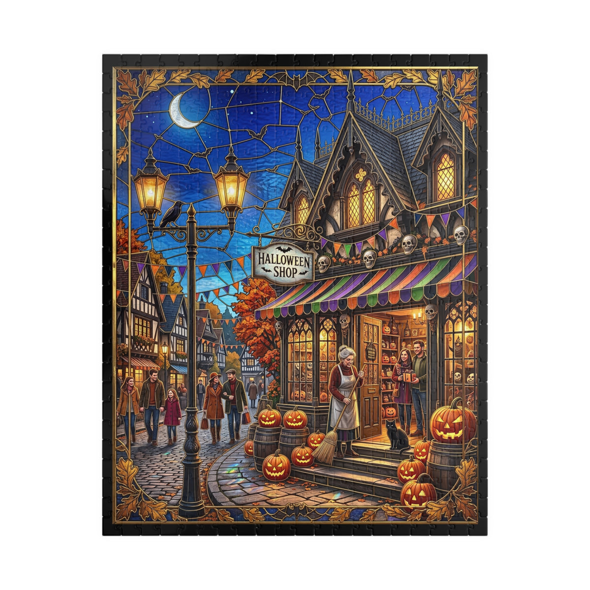 Magical Halloween Shop | Faux Stained-Glass Jigsaw Puzzle | Gothic Autumn Town | Whimsical Spooky Village Street Scene | Black Cat, Pumpkins