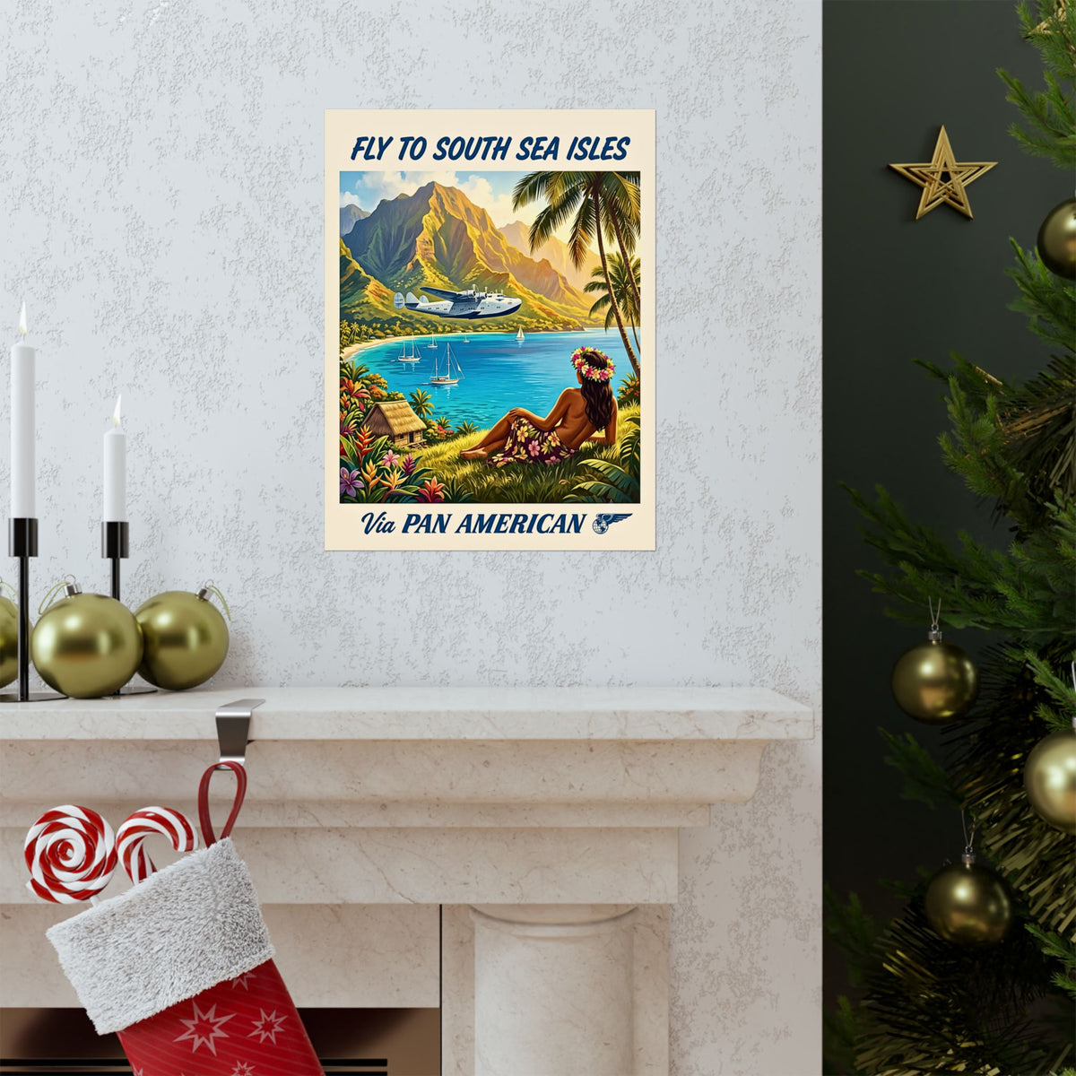 Fly to South Sea Isles | Vintage Travel Matte Poster| Retro Pan Am Clipper Seaplane Art| Tropical Island Decor | Midcentury Polynesian Print