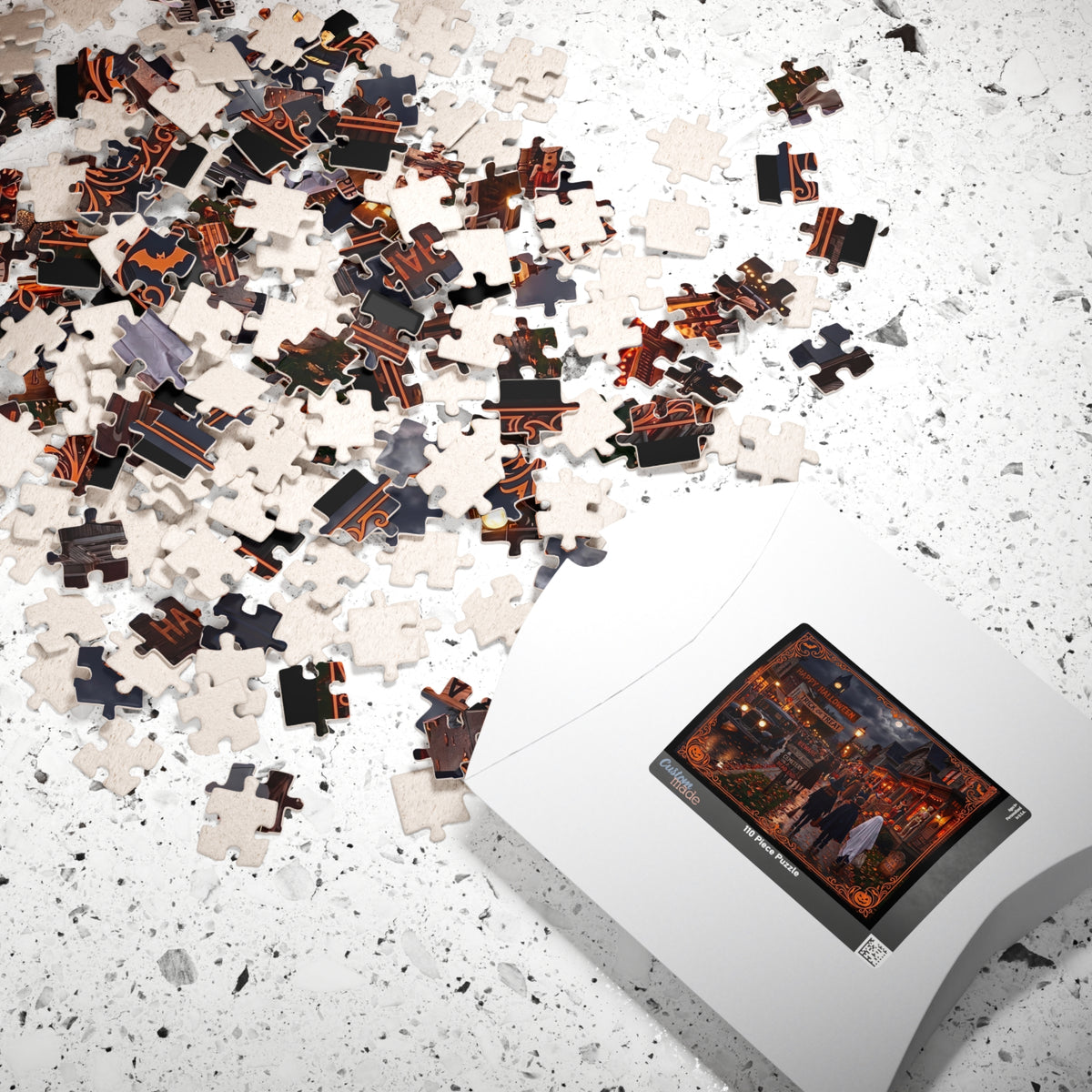 Vintage Halloween Night Town Scene | Jigsaw Puzzle -3 sizes | Nostalgic "Trick or Treat" Village | Classic Halloween Art