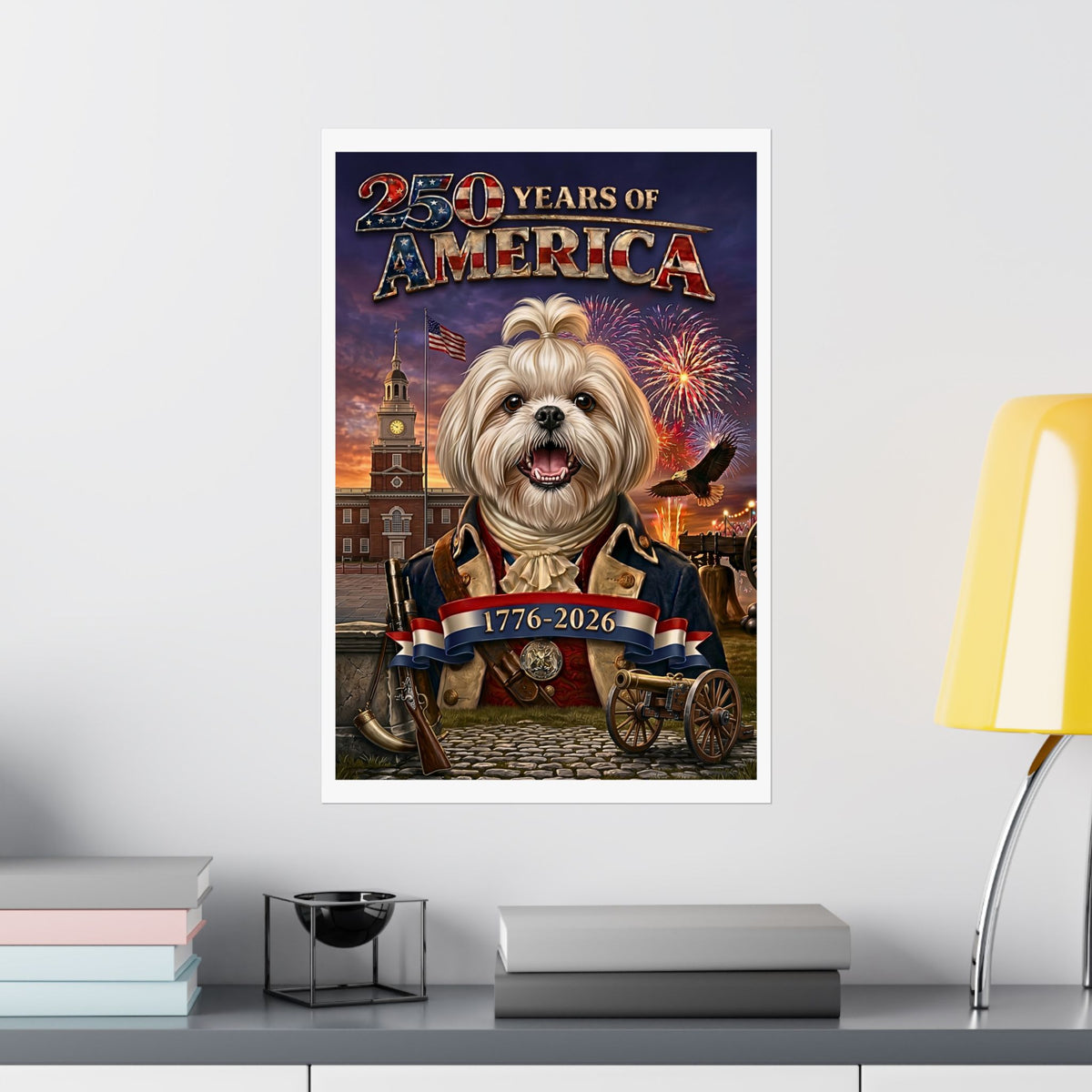 Patriotic SHIH TZU Dog | Matte Finish Poster | 250 Years of America 1776-2026 | Independence Hall | Soaring Bald Eagle | Fireworks | 5 sizes