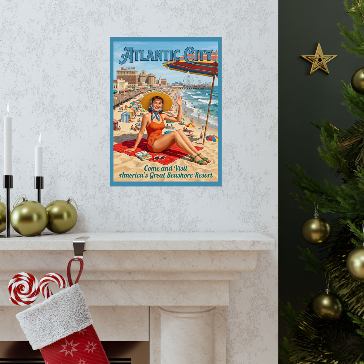 Vintage Atlantic City Matte Vertical Travel Poster | Mid-Century Retro Beach Wall Art | New Jersey Boardwalk Print | Coastal Summer Decor