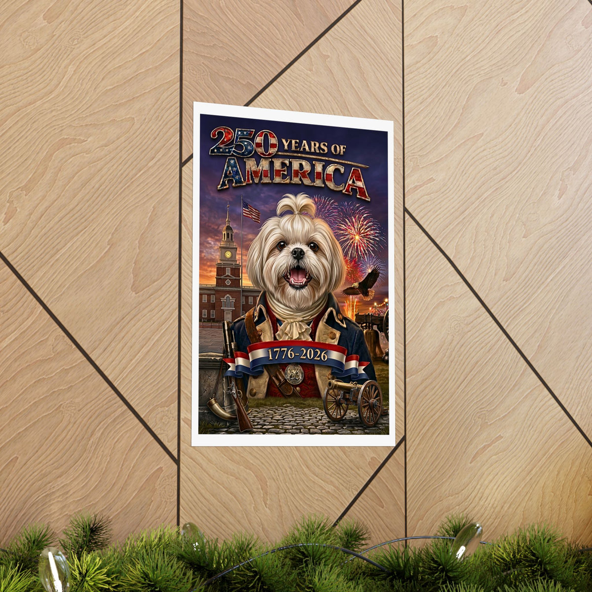 Patriotic SHIH TZU Dog | Matte Finish Poster | 250 Years of America 1776-2026 | Independence Hall | Soaring Bald Eagle | Fireworks | 5 sizes