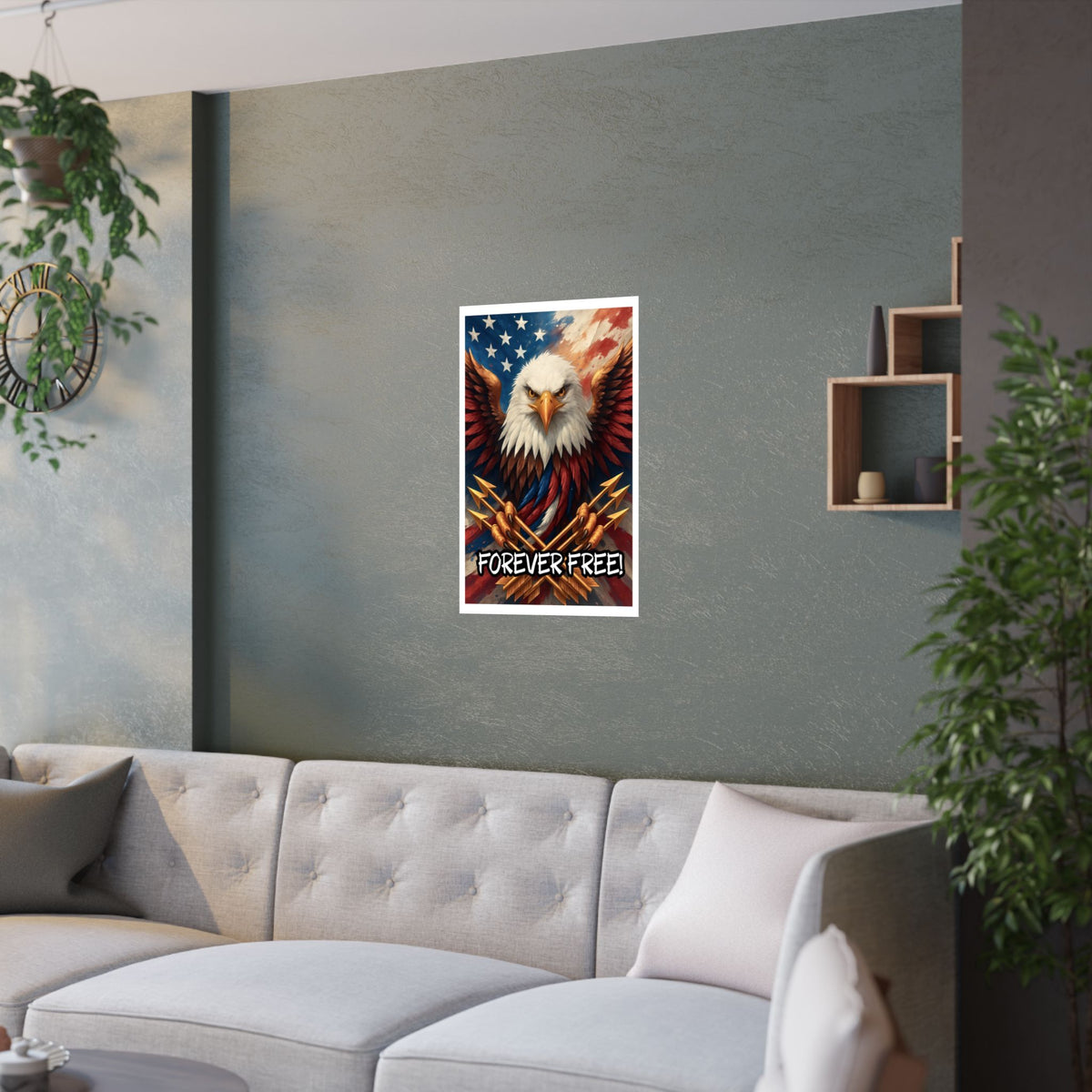 FOREVER FREE Satin Poster | Bald Eagle Soars | Liberty And Justice For All | Patriotic Home Decor | USA Flag Wall Art | 3 sizes