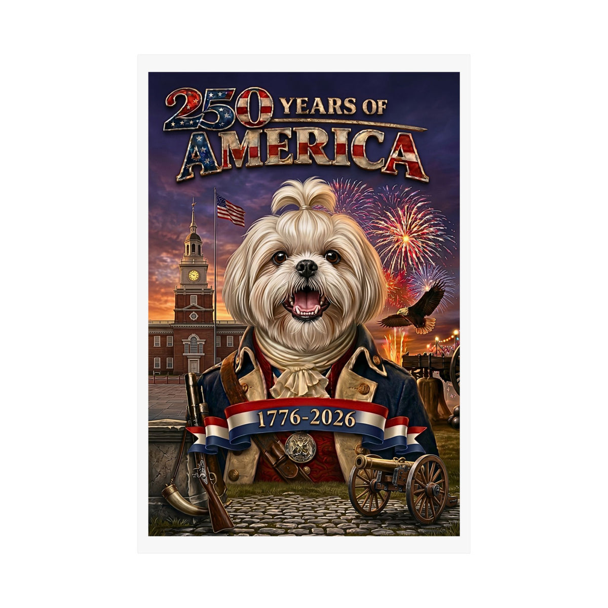 Patriotic SHIH TZU Dog | Matte Finish Poster | 250 Years of America 1776-2026 | Independence Hall | Soaring Bald Eagle | Fireworks | 5 sizes
