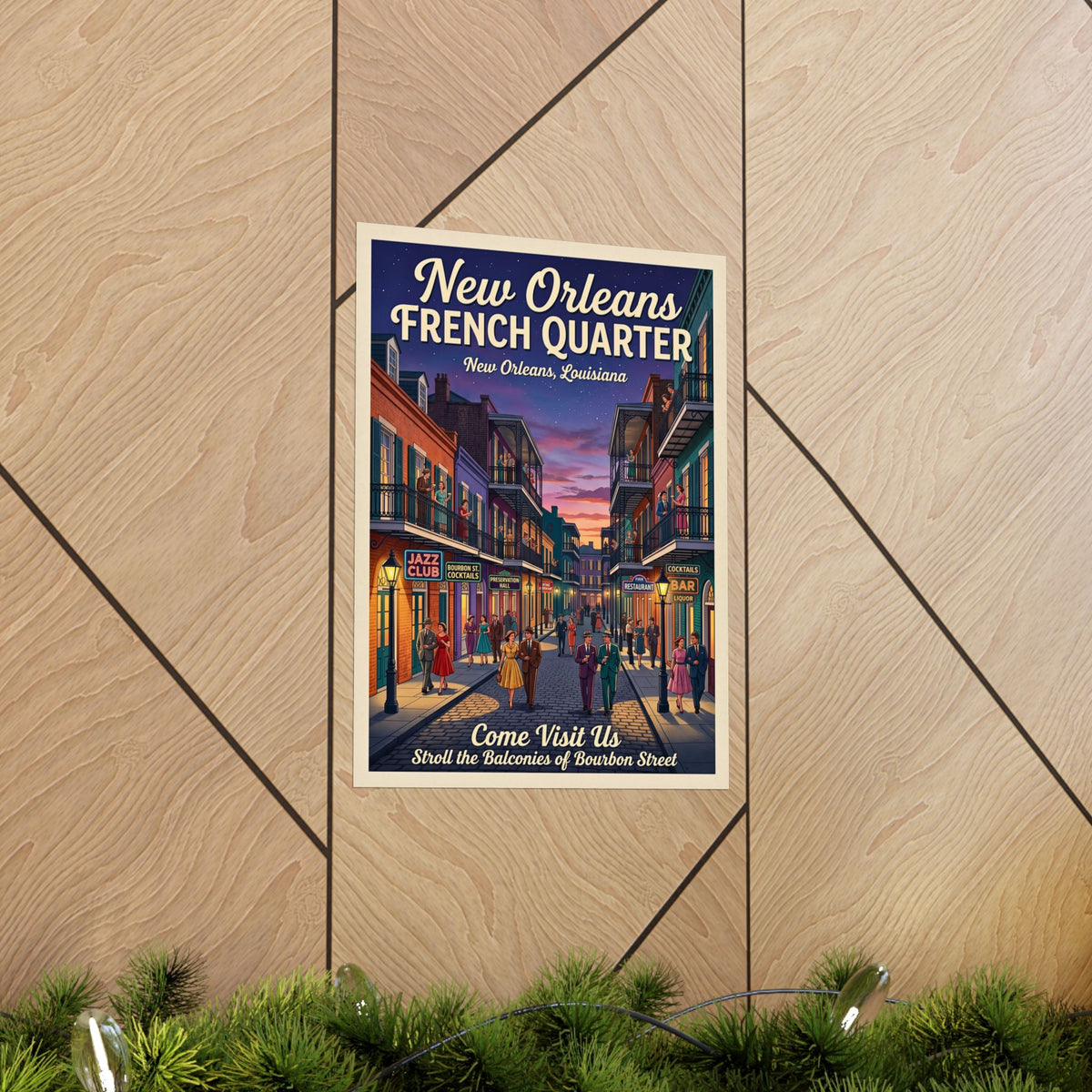 Retro New Orleans Travel Rolled Poster | 1950s French Quarter Twilight Art | Bourbon Street Balcony Print | Photo-realistic NOLA Wall Decor