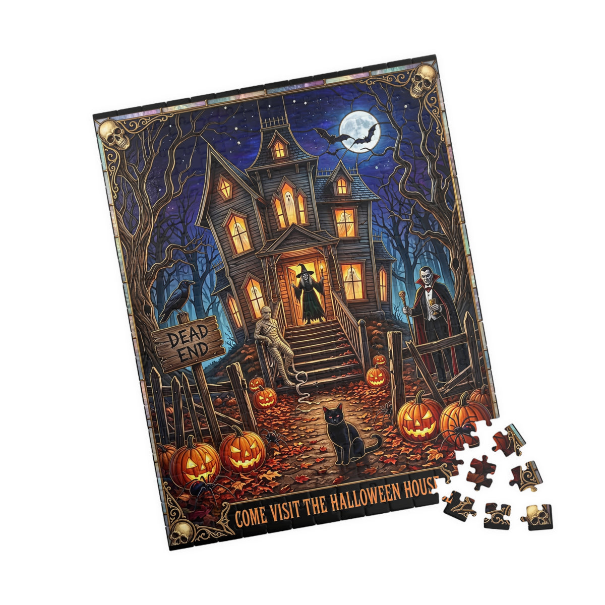 Come Visit The Halloween Haunted House | Faux Stained-Glass Jigsaw Puzzle| Spooky Witch, Mummy, Jack-o'-lanterns and Dracula | Bats, Spiders