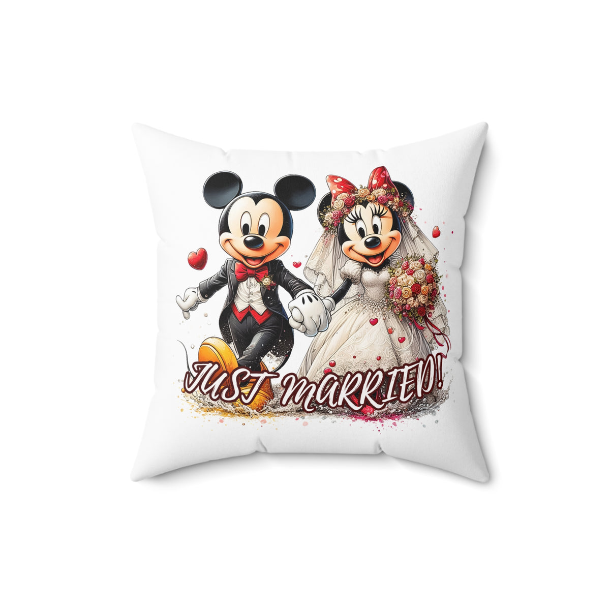 Spun Polyester Square Pillow  | Cartoon-style Adorable Mouse Couple "JUST MARRIED!" | Celebrating Their Fairytale Wedding Day | 4 sizes