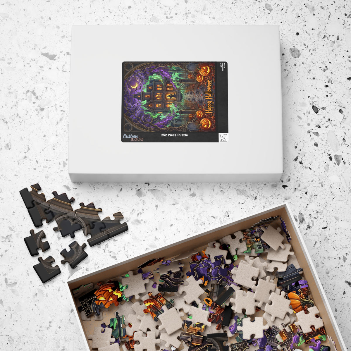 Spooky Haunted House Halloween Art | Stained-Glass Jigsaw Puzzle |  Victorian Mansion Art | Spooky Graveyard Witch Print | Jack-o-Lantern