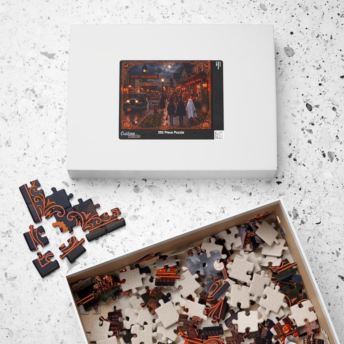 Vintage Halloween Night Town Scene | Jigsaw Puzzle -3 sizes | Nostalgic "Trick or Treat" Village | Classic Halloween Art