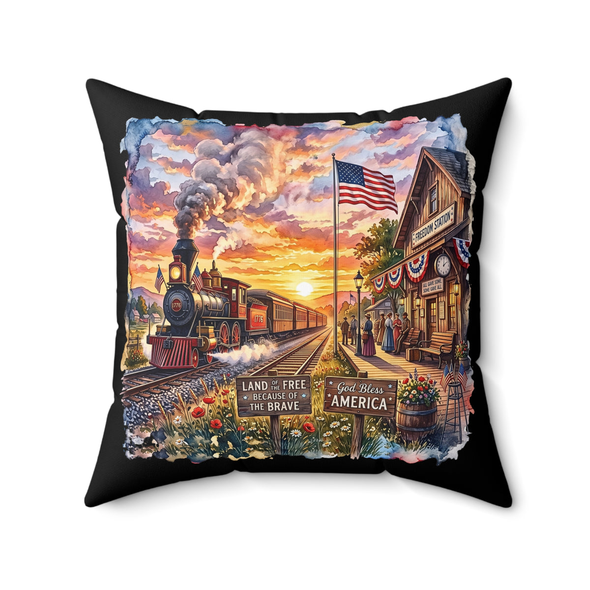 God Bless America | Square Polyester Throw Pillow | 250th Semiquincentennial 1776-2026 | Vintage 1776 Steam Train, US Flag, Freedom Station