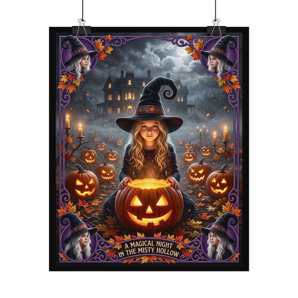 A Magical Night in the Misty Hollow| Textured Watercolor Matte Poster| Cute Halloween Witch, Glowing Jack-o'-Lanterns| Gift for Kids, Adults