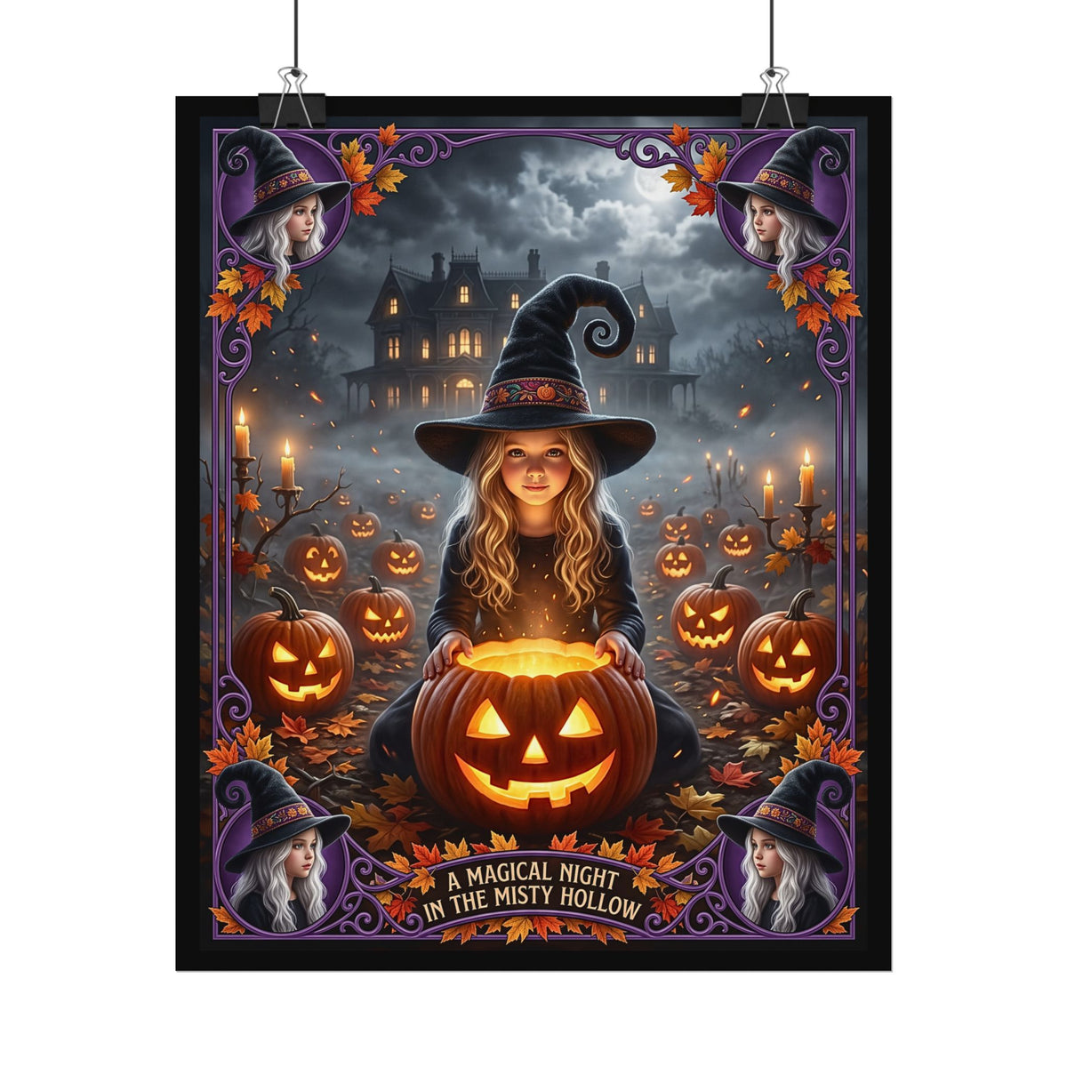A Magical Night in the Misty Hollow| Textured Watercolor Matte Poster| Cute Halloween Witch, Glowing Jack-o'-Lanterns| Gift for Kids, Adults