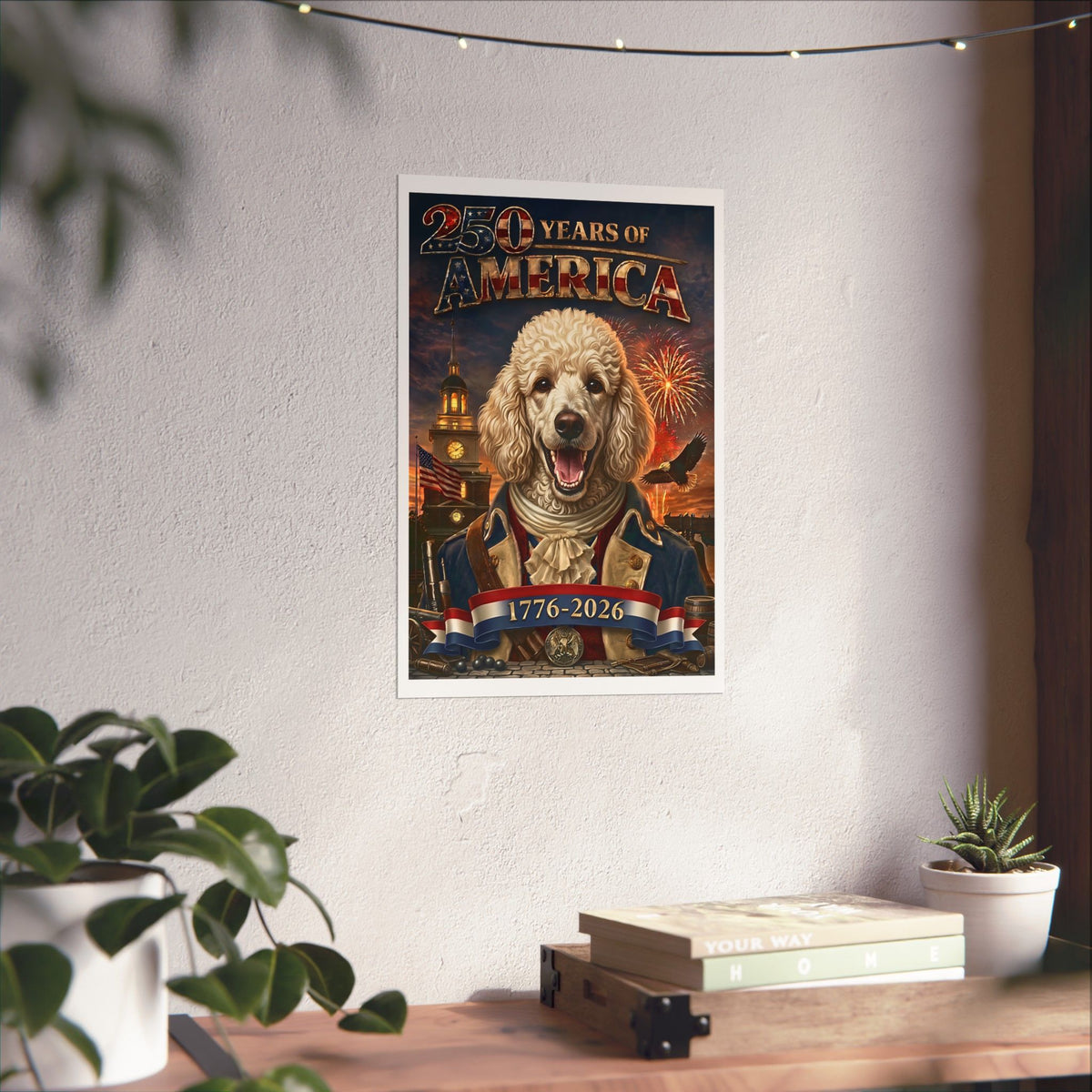 Patriotic POODLE Dog | Matte Finish Poster | 250 Years of America 1776-2026 | Independence Hall | Soaring Bald Eagle | Fireworks | 5 sizes