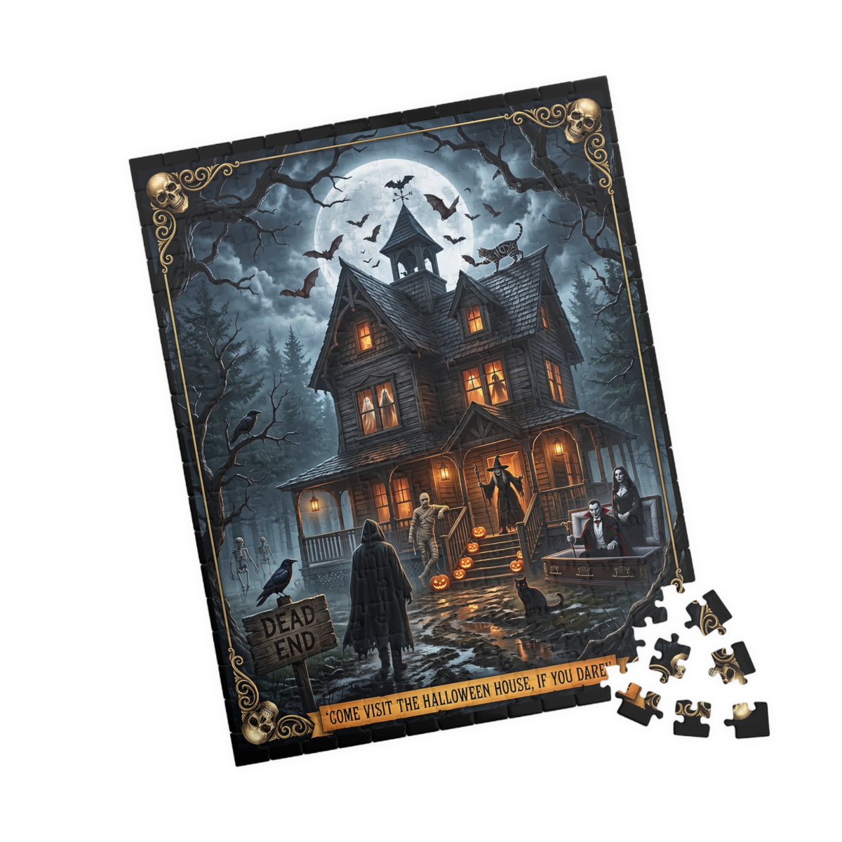 Vintage Haunted Halloween Mansion Jigsaw Puzzle | Spooky Victorian Estate Design | Classic Monsters-Vampire, Mummy, Witch, and Skeletons