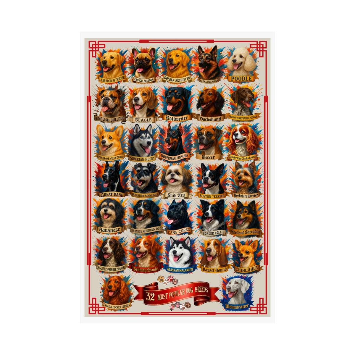 32 "Most Popular Dog Breeds" Satin Poster, Eye-Catching Wall Art, Dog Lover Decor, Unique Dog Owner Gift, Dog-Themed Wall Art