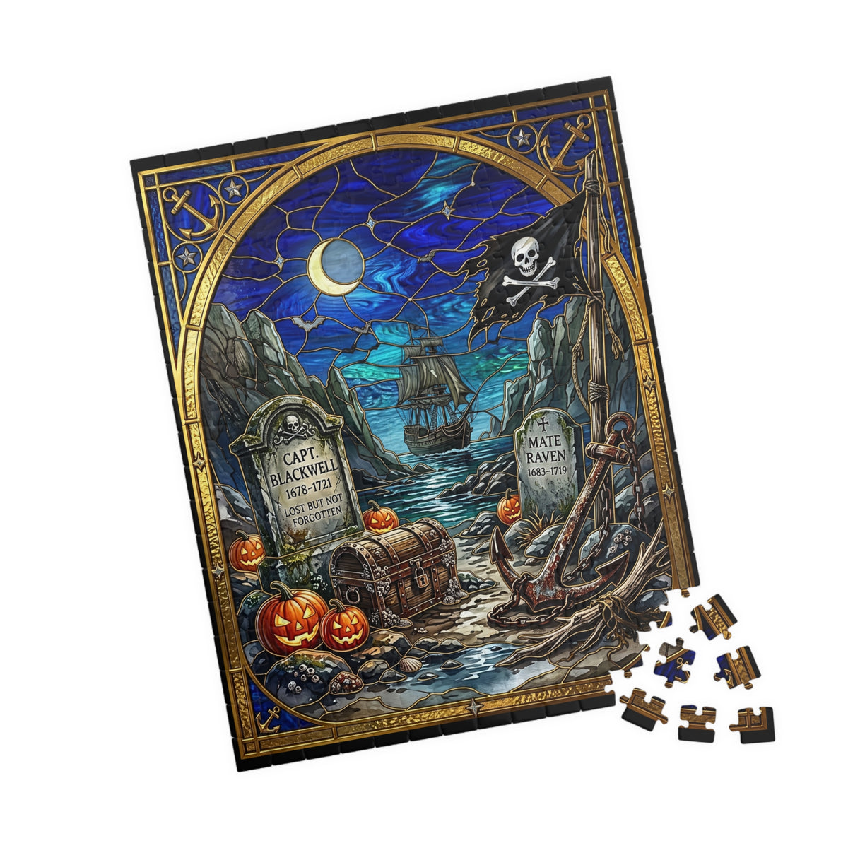 Haunted Pirate Graveyard | Stained-Glass Jigsaw Puzzle | Halloween Jolly Roger, Crescent Moon & Ghost Ship Art | Spooky Nautical Treasure