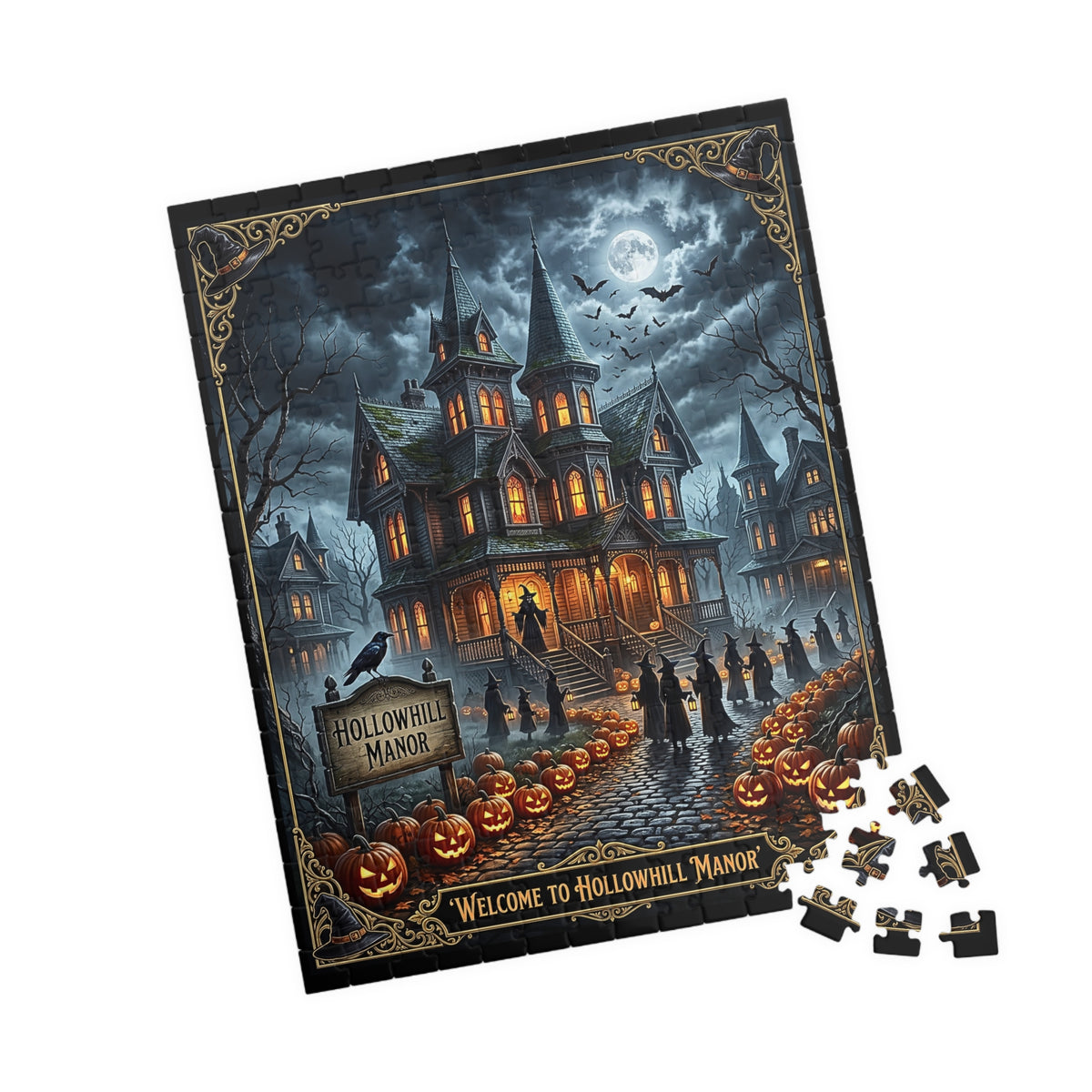 Hollowhill Manor Halloween Jigsaw Puzzle | Spooky Gothic Victorian Haunted Mansion | Witch Decor, Jack-O-Lanterns, Bats, Crows