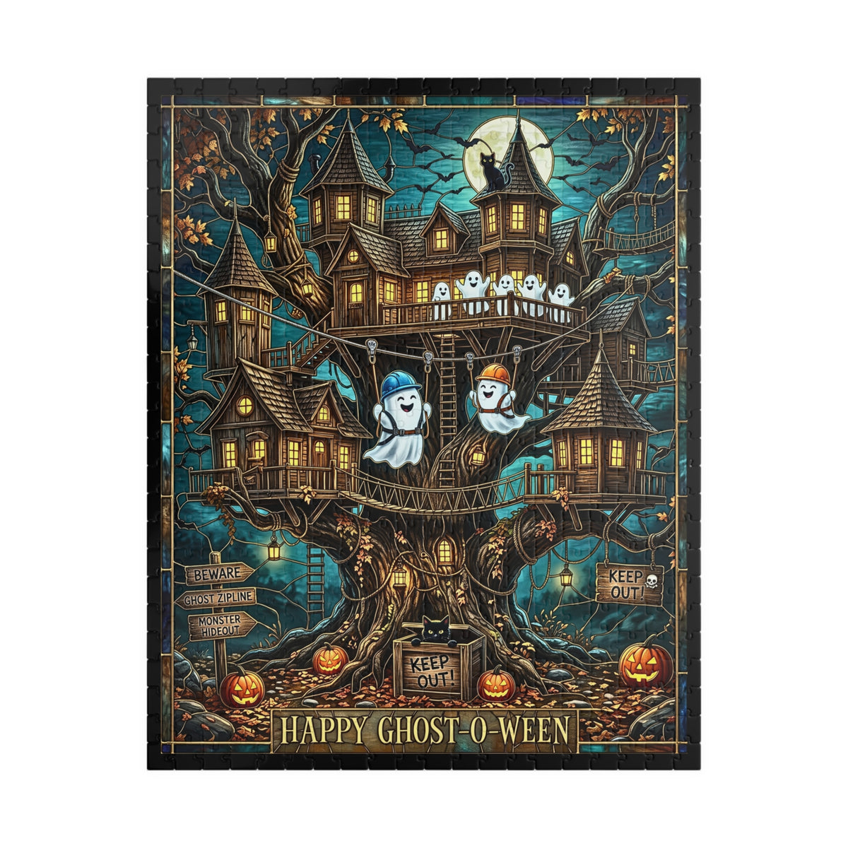 Whimsical Stained Glass Jigsaw Puzzle| Halloween Treehouse Print | Happy Ghost-O-Ween | Ghost Zipline Art| Construction Ghosts & Black Cats